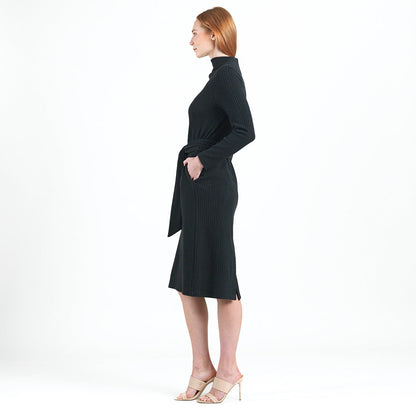 Chunky Ribbed - Tie Waist Pocket Midi Sweater Dress - Black - Final Sale! | Clara Sunwoo
