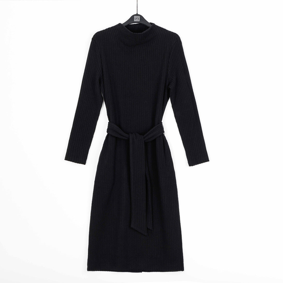 Chunky Ribbed - Tie Waist Pocket Midi Sweater Dress - Black - Final Sale! | Clara Sunwoo