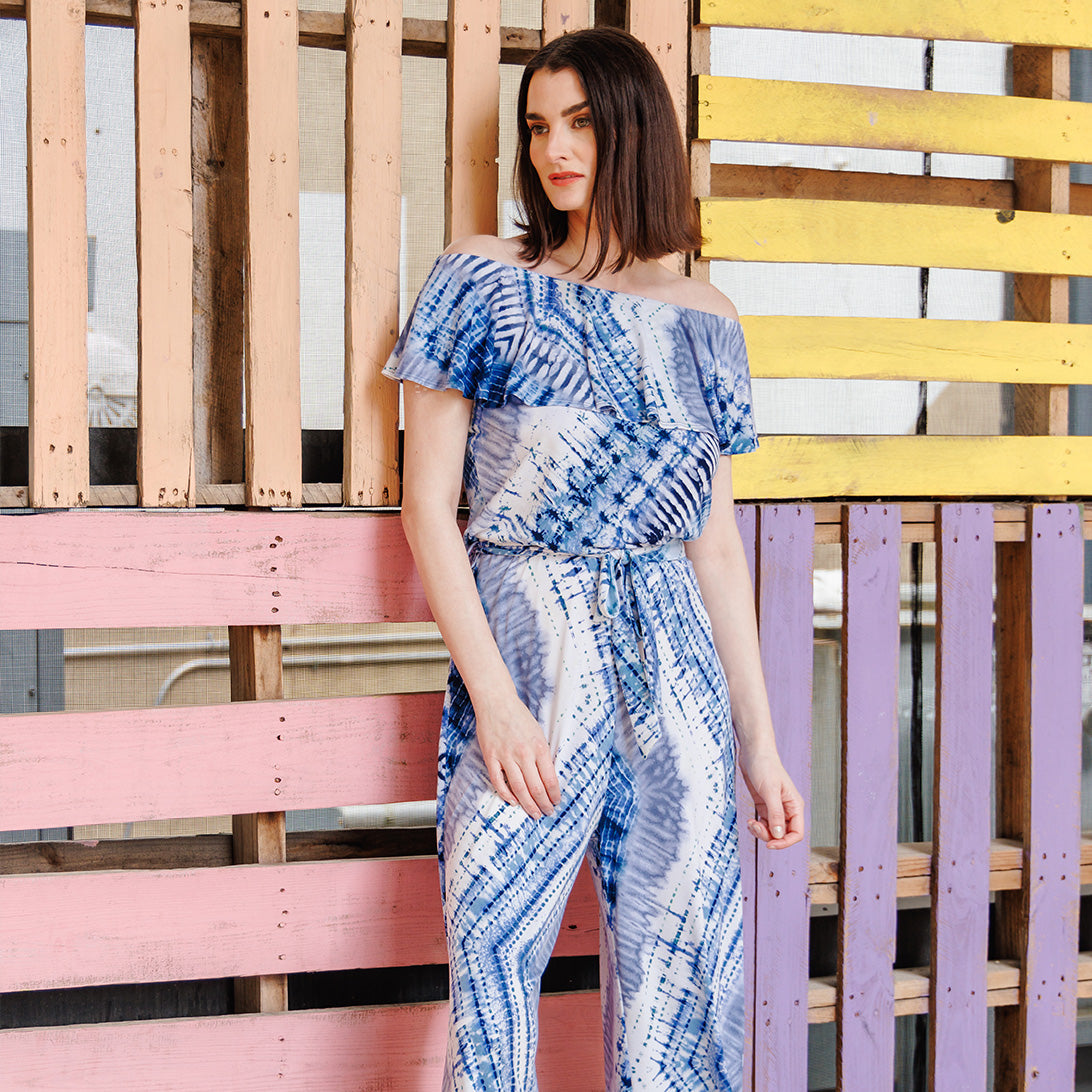 Ruffle Off Shoulder Pocket Jumpsuit - Acid Wash - Final Sale! | Clara Sunwoo