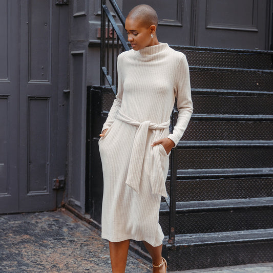 Chunky Ribbed - Tie Waist Pocket Midi Sweater Dress - Sand - Final Sale! | Clara Sunwoo