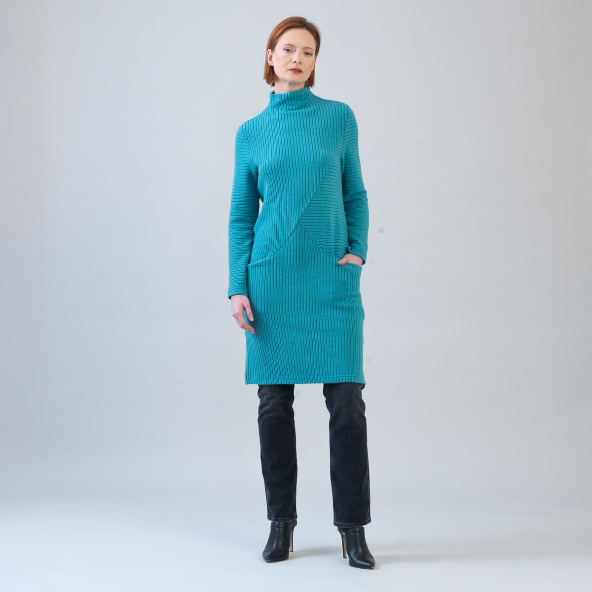 Chunky Ribbed - Tunic Pocket Sweater Dress - Teal - Final Sale! | Clara Sunwoo