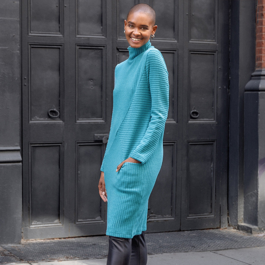 Chunky Ribbed - Tunic Pocket Sweater Dress - Teal - Final Sale! | Clara Sunwoo