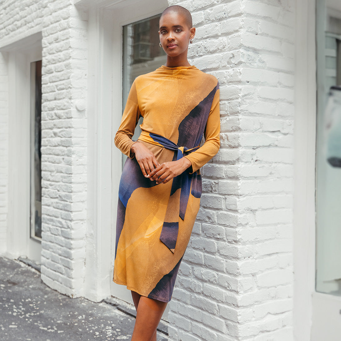 Tie Waist Pocket Midi Dress - Tan Watercolor - Final Sale! | Clara Sunwoo