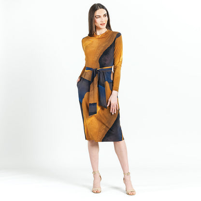 Tie Waist Pocket Midi Dress - Tan Watercolor - Final Sale! | Clara Sunwoo