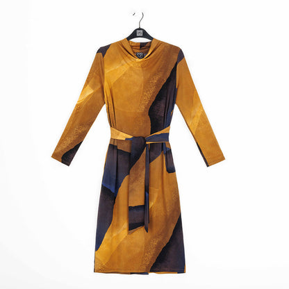 Tie Waist Pocket Midi Dress - Tan Watercolor - Final Sale! | Clara Sunwoo
