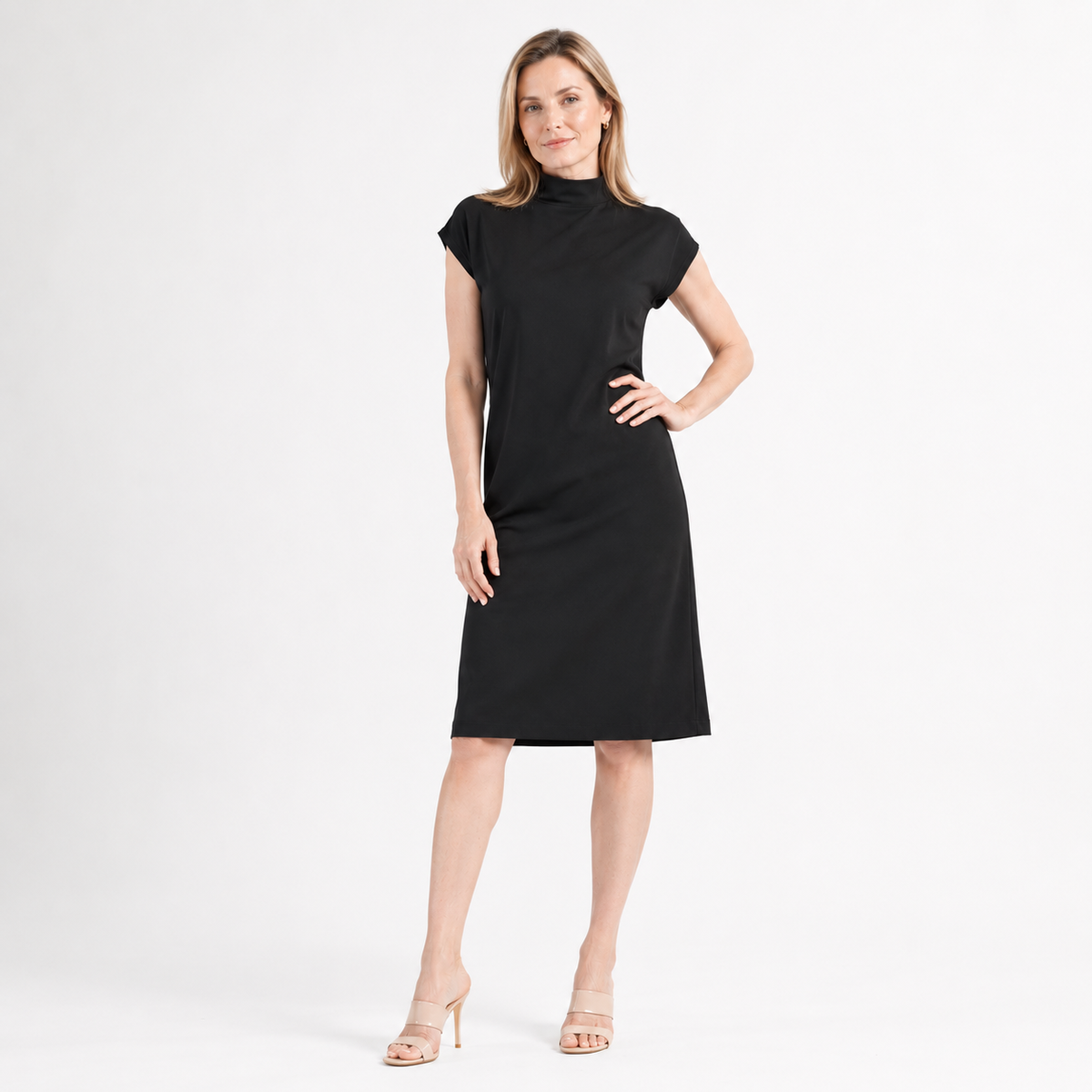 Lightweight Ponte - High Neck Cap Sleeve Midi Dress - Black - Final Sale! | Clara Sunwoo