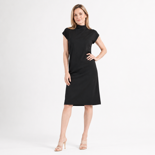 Lightweight Ponte - High Neck Cap Sleeve Midi Dress - Black - Final Sale! | Clara Sunwoo