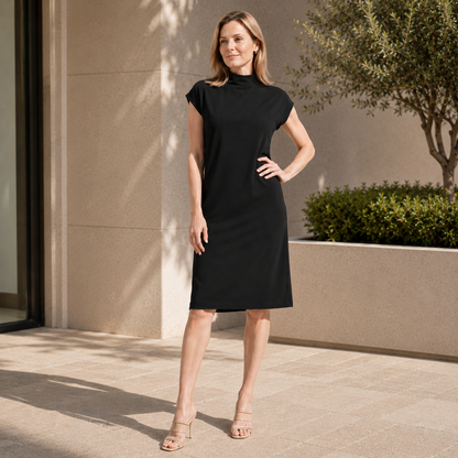 Lightweight Ponte - High Neck Cap Sleeve Midi Dress - Black - Final Sale! | Clara Sunwoo