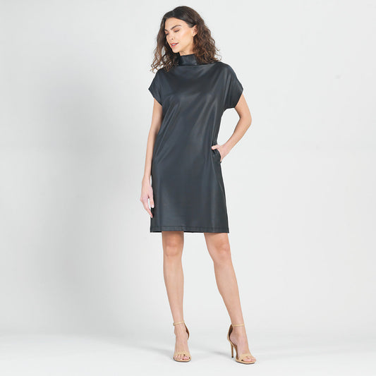 Liquid Leather™ - High Neck Tunic Pocket Dress - Black - Final Sale! | Clara Sunwoo