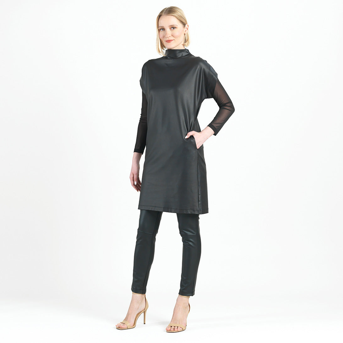 Liquid Leather™ - High Neck Tunic Pocket Dress - Black - Final Sale! | Clara Sunwoo