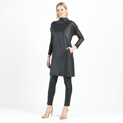 Liquid Leather™ - High Neck Tunic Pocket Dress - Black - Final Sale! | Clara Sunwoo