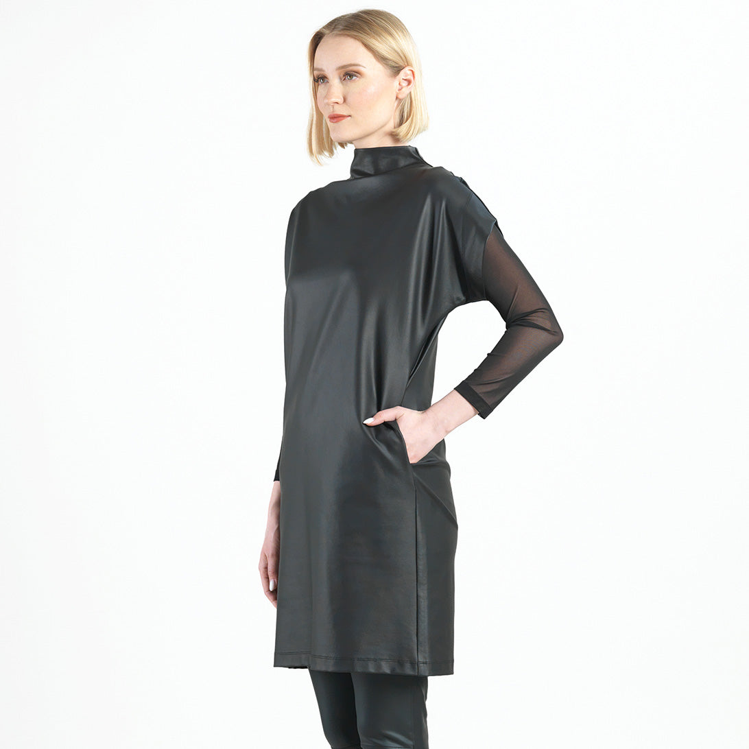 Liquid Leather™ - High Neck Tunic Pocket Dress - Black - Final Sale! | Clara Sunwoo