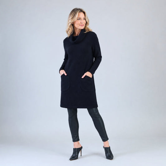 Ribbed - Cowl Turtleneck Tunic Sweater Dress - Black - Final Sale! | Clara Sunwoo