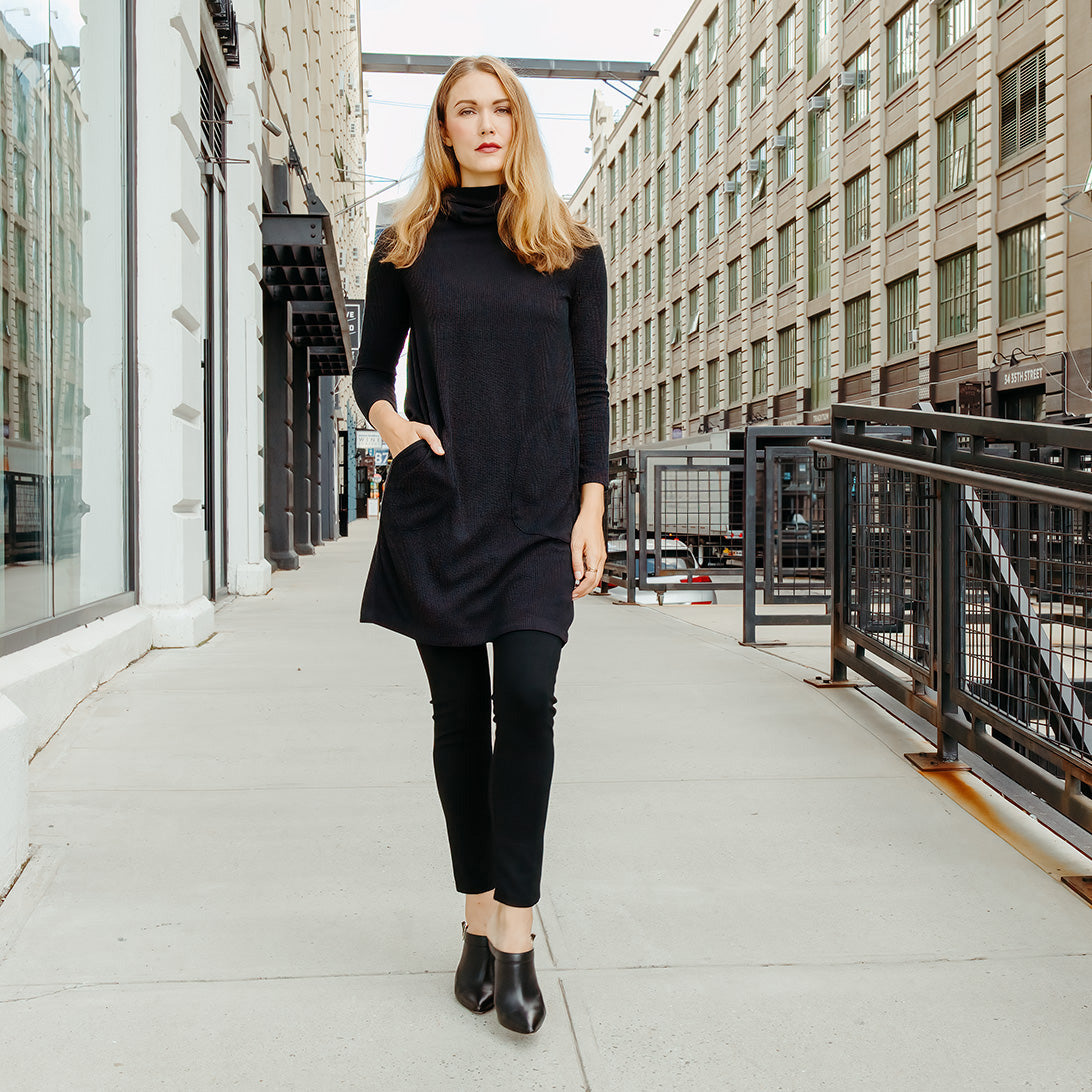 Ribbed - Cowl Turtleneck Tunic Sweater Dress - Black - Final Sale! | Clara Sunwoo
