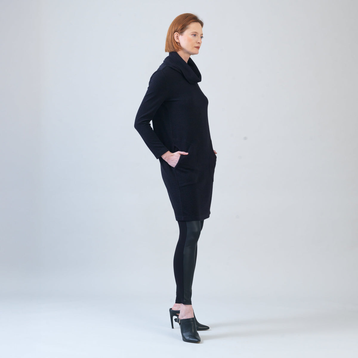 Ribbed - Cowl Turtleneck Tunic Sweater Dress - Black - Final Sale! | Clara Sunwoo