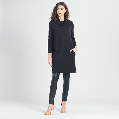 Ribbed - Cowl Turtleneck Tunic Sweater Dress - Black - Final Sale! | Clara Sunwoo
