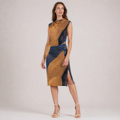 Side Slit Midi Dress - Tan Watercolor - Final Sale | Clara Sunwoo