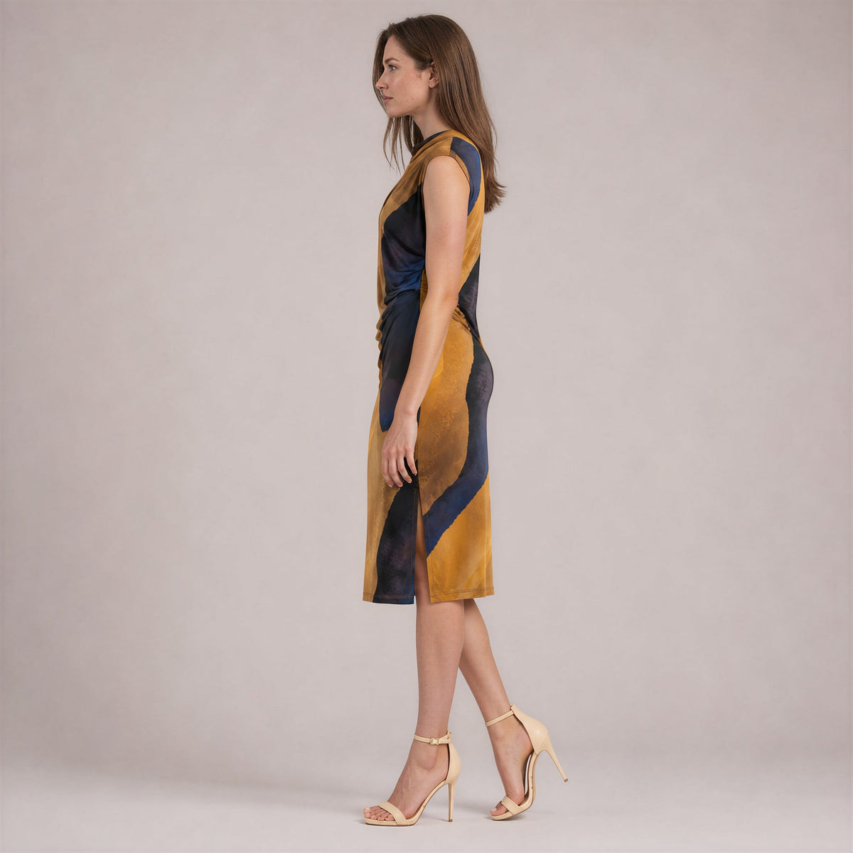 Side Slit Midi Dress - Tan Watercolor - Final Sale | Clara Sunwoo