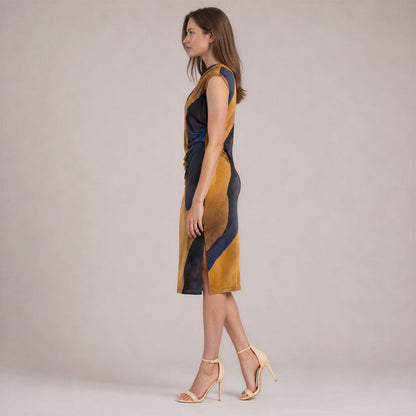 Side Slit Midi Dress - Tan Watercolor - Final Sale | Clara Sunwoo
