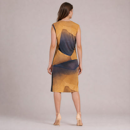 Side Slit Midi Dress - Tan Watercolor - Final Sale | Clara Sunwoo