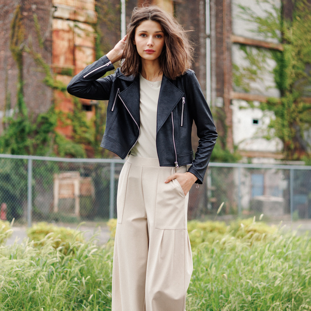 Liquid Leather™ Zip Cuff Moto Waist Jacket - Black | Clara Sunwoo