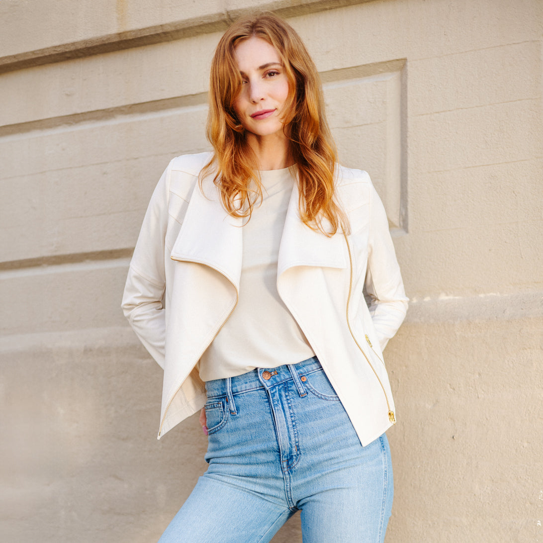 Liquid Leather™ Drape Neck Zip Jacket - Ivory - Final Sale | Clara Sunwoo