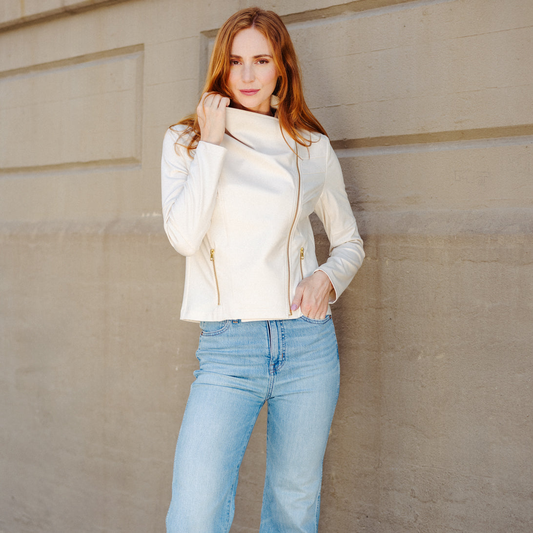 Liquid Leather™ Drape Neck Zip Jacket - Ivory - Final Sale | Clara Sunwoo
