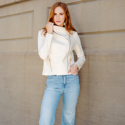 Liquid Leather™ Drape Neck Zip Jacket - Ivory - Final Sale | Clara Sunwoo