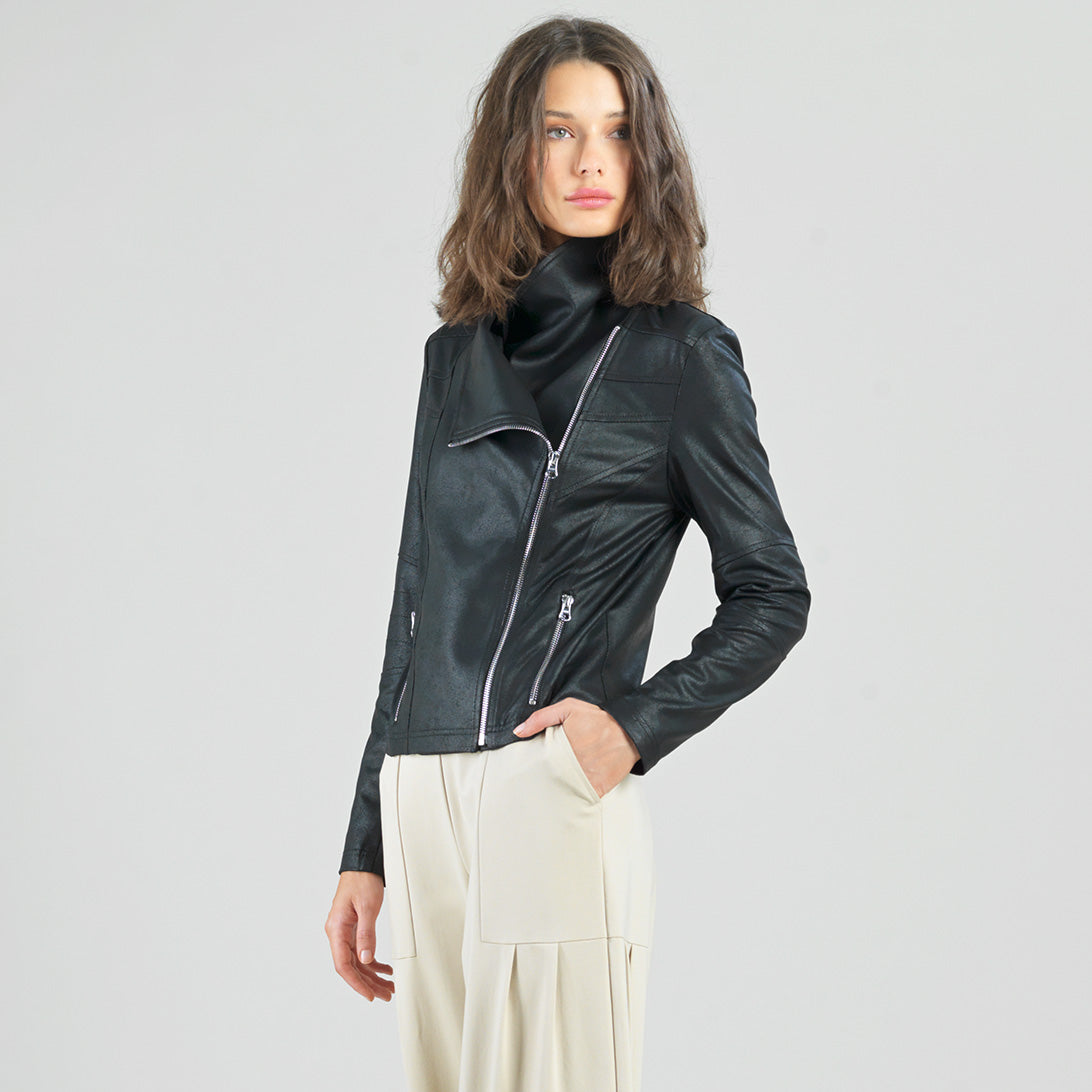 Liquid Leather™ Drape Neck Zip Jacket - Black - Final Sale | Clara Sunwoo