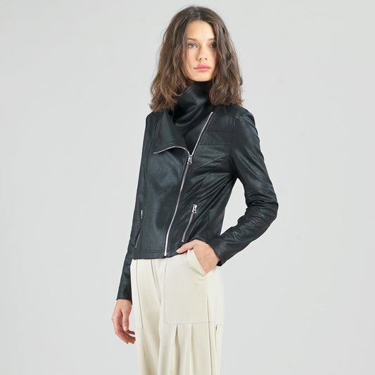 Liquid Leather™ Drape Neck Zip Jacket - Black - Final Sale | Clara Sunwoo