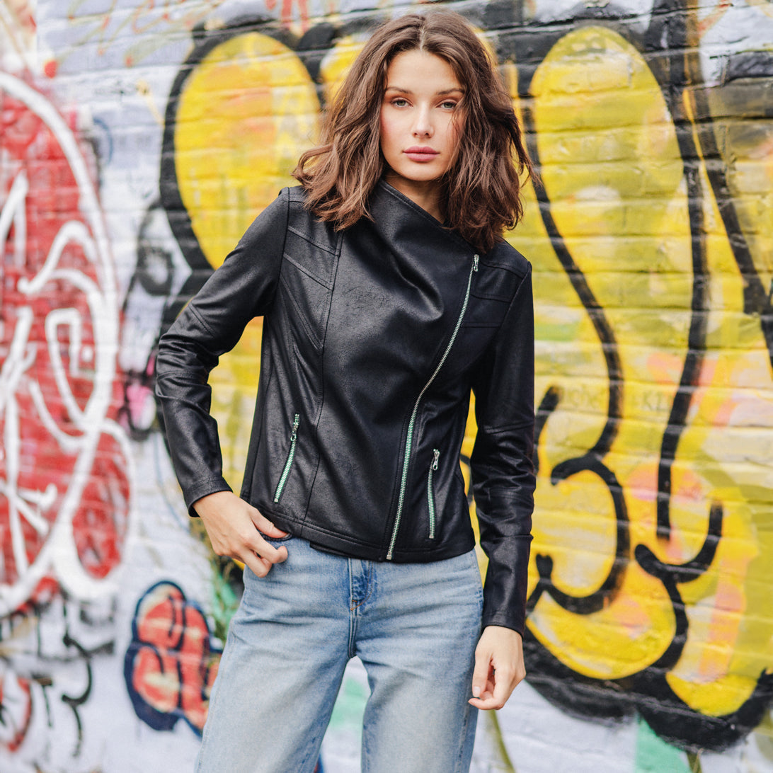 Liquid Leather™ Drape Neck Zip Jacket - Black - Final Sale | Clara Sunwoo