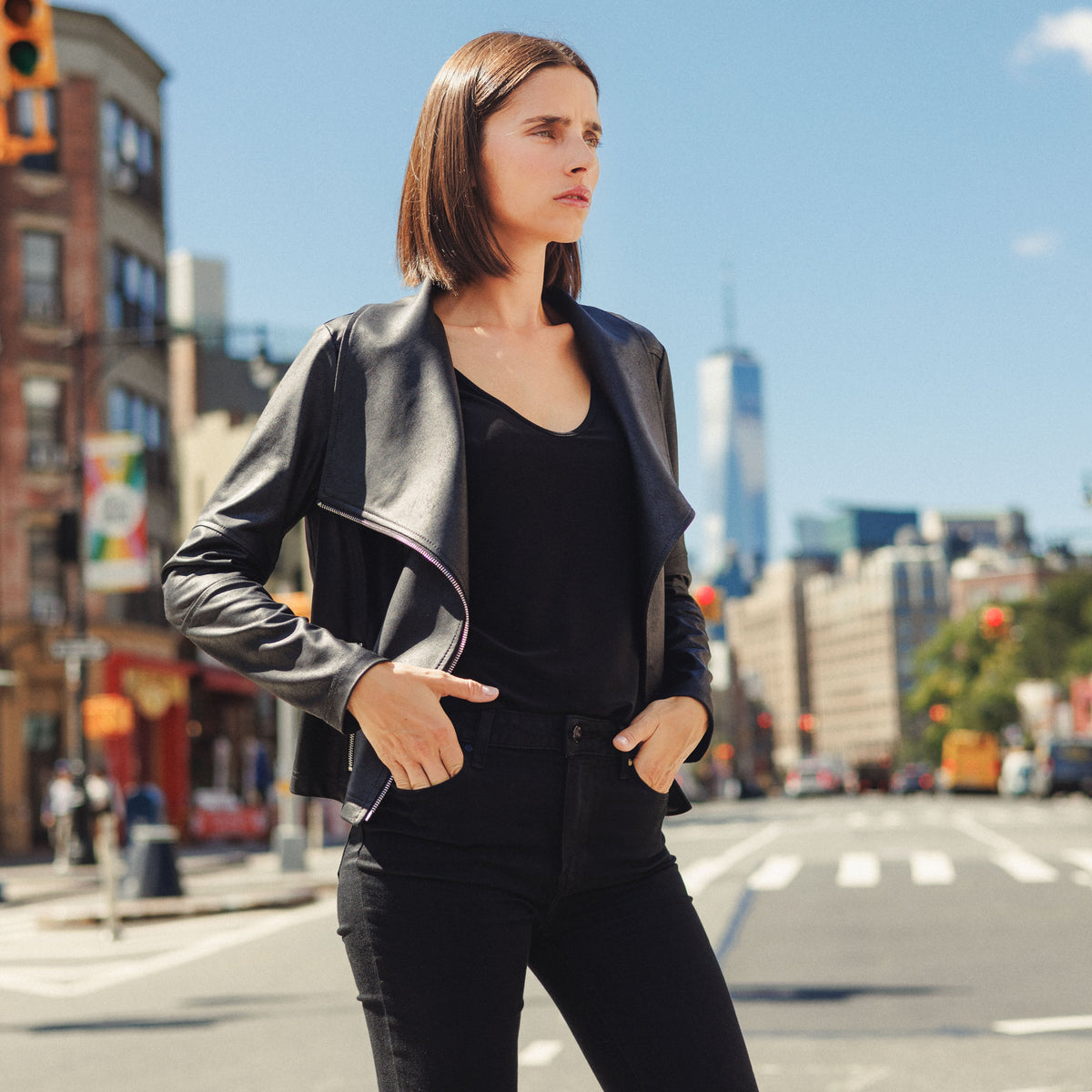 Liquid Leather™ Drape Neck Zip Jacket - Black - Final Sale | Clara Sunwoo