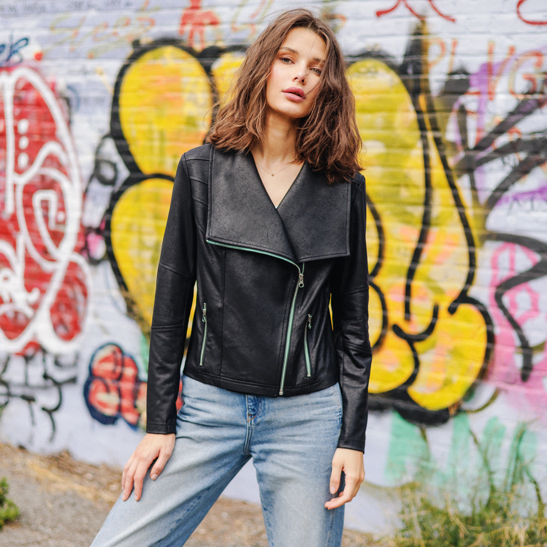 Liquid Leather™ Drape Neck Zip Jacket - Black - Final Sale | Clara Sunwoo