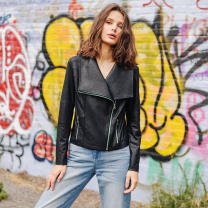 Liquid Leather™ Drape Neck Zip Jacket - Black - Final Sale | Clara Sunwoo