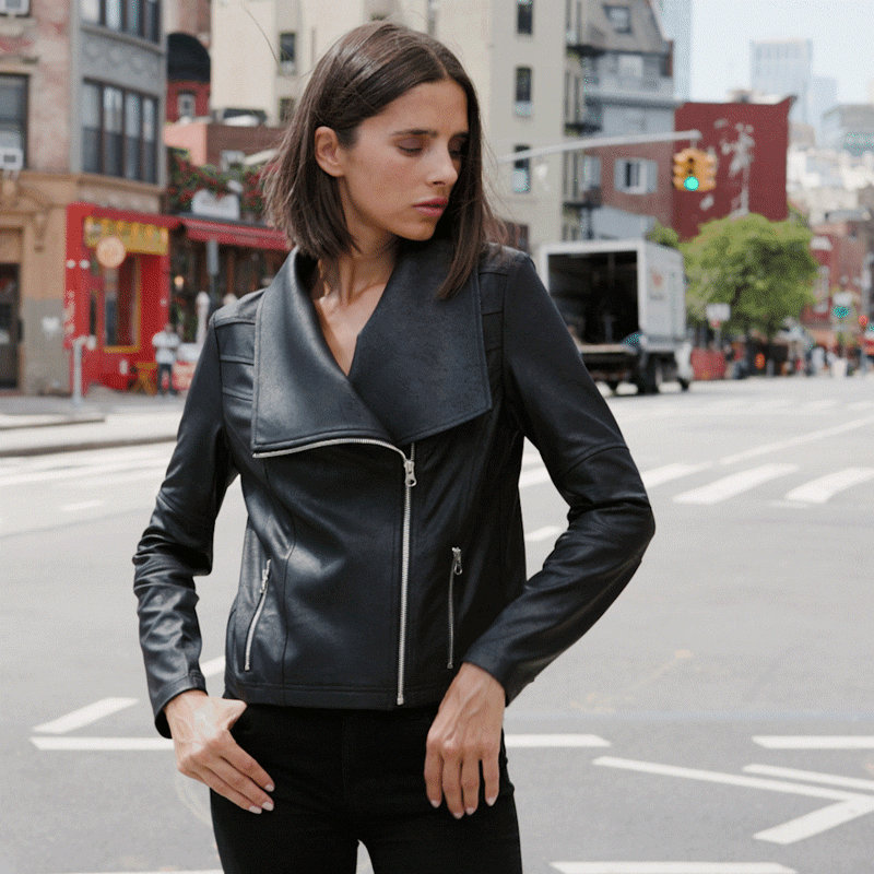 Liquid Leather™ Drape Neck Zip Jacket - Black - Final Sale | Clara Sunwoo
