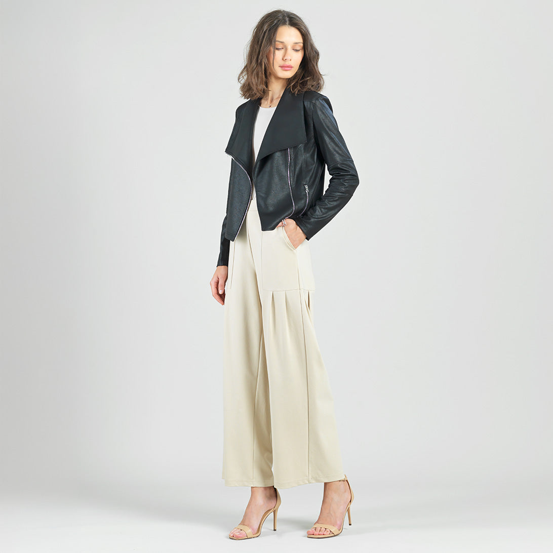 Liquid Leather™ Drape Neck Zip Jacket - Black - Final Sale | Clara Sunwoo