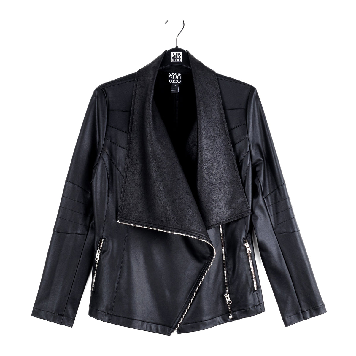Liquid Leather™ Drape Neck Zip Jacket - Black - Final Sale | Clara Sunwoo