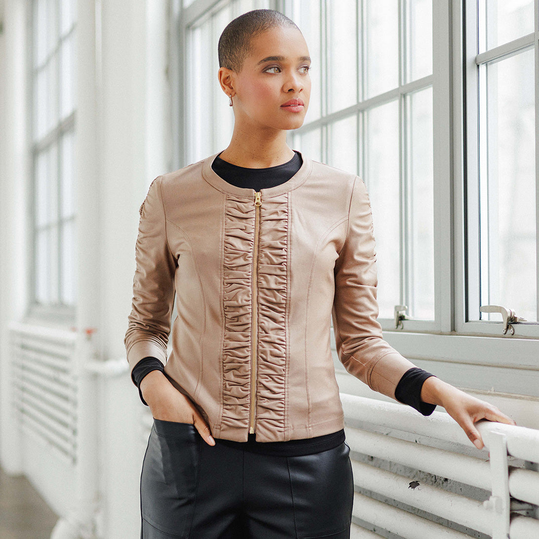 Liquid Leather™ Ruched Detail Jacket - Taupe - Final Sale | Clara Sunwoo