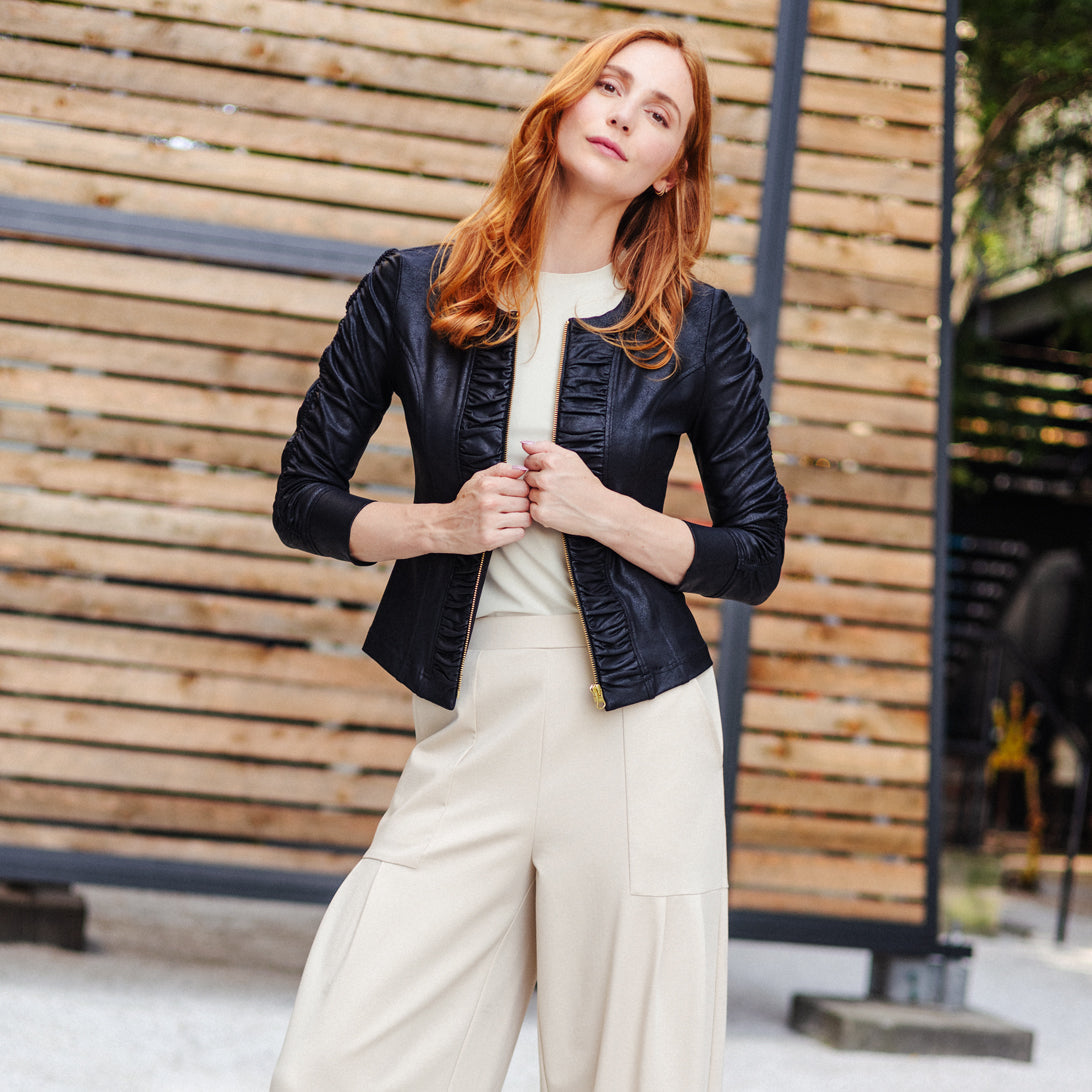 Liquid Leather™ Ruched Detail Jacket - Black | Clara Sunwoo