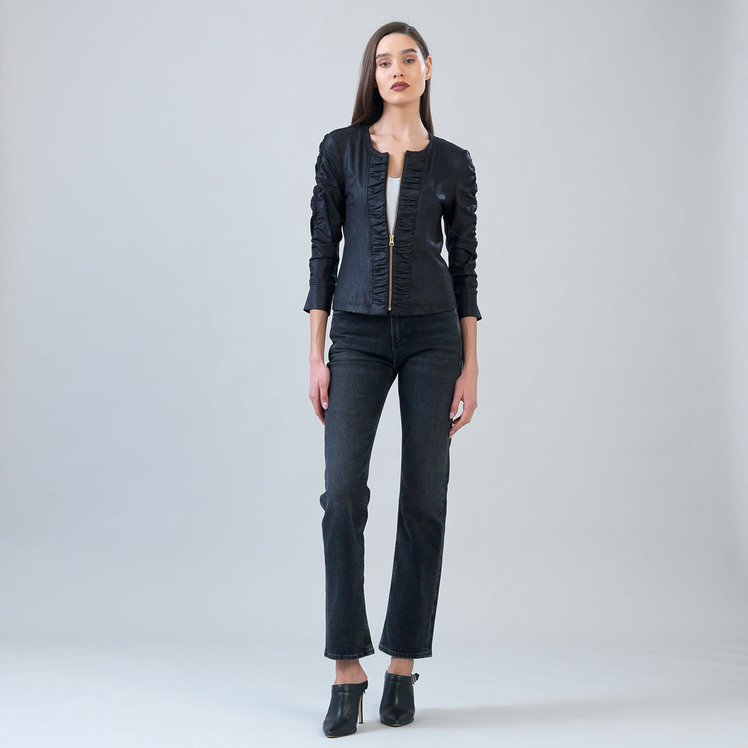 Liquid Leather™ Ruched Detail Jacket - Black | Clara Sunwoo