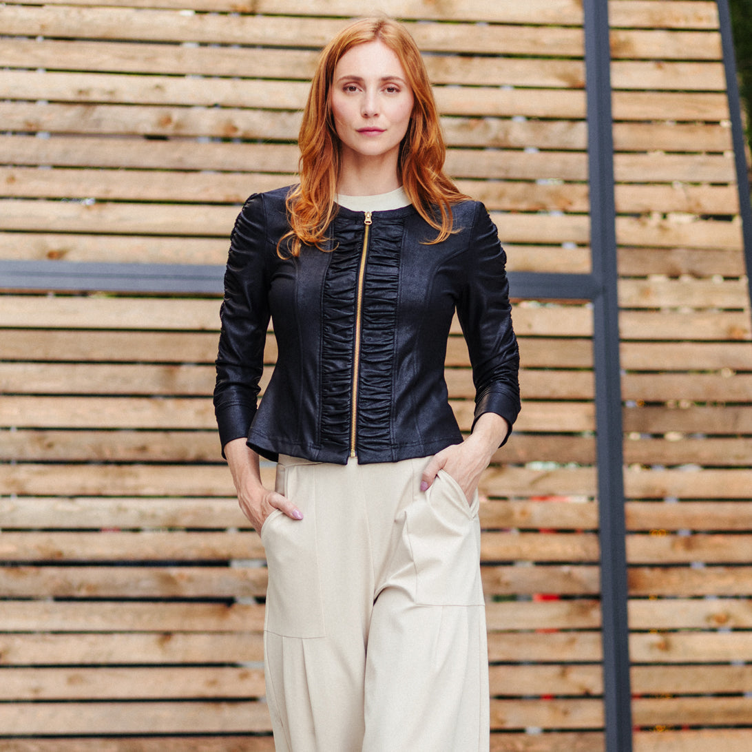 Liquid Leather™ Ruched Detail Jacket - Black | Clara Sunwoo