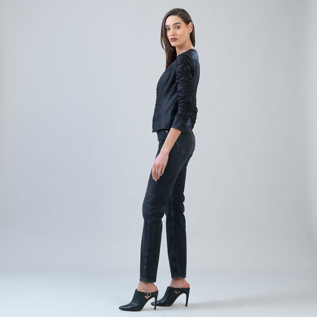 Liquid Leather™ Ruched Detail Jacket - Black | Clara Sunwoo