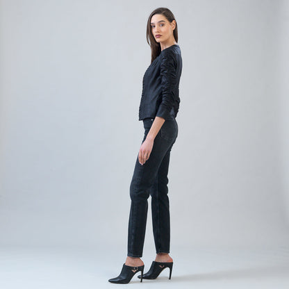 Liquid Leather™ Ruched Detail Jacket - Black | Clara Sunwoo