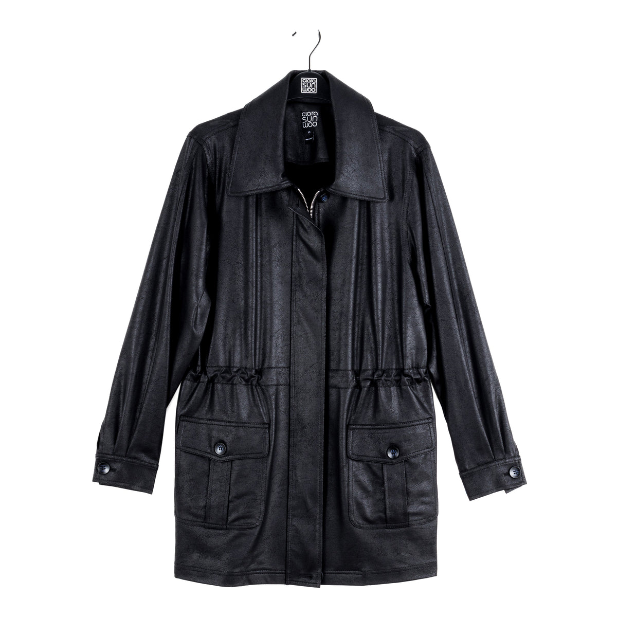 Liquid Leather™ Drawstring Waist Utility Jacket - Black - Final Sale | Clara Sunwoo