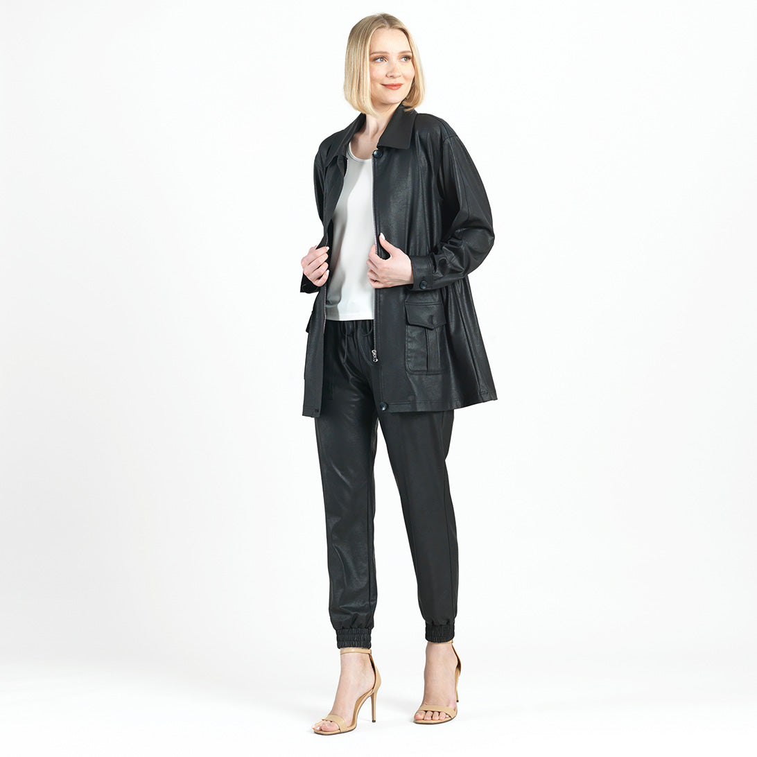 Liquid Leather™ Drawstring Waist Utility Jacket - Black - Final Sale | Clara Sunwoo