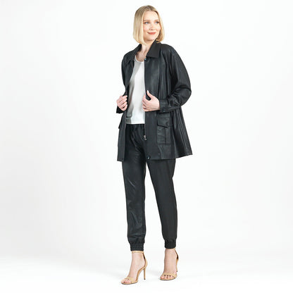 Liquid Leather™ Drawstring Waist Utility Jacket - Black - Final Sale | Clara Sunwoo