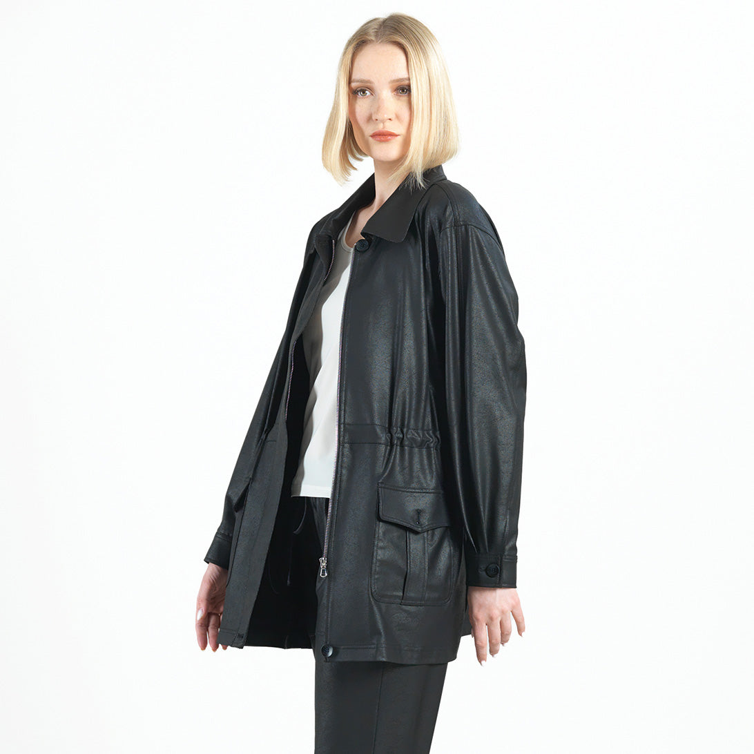 Liquid Leather™ Drawstring Waist Utility Jacket - Black - Final Sale | Clara Sunwoo