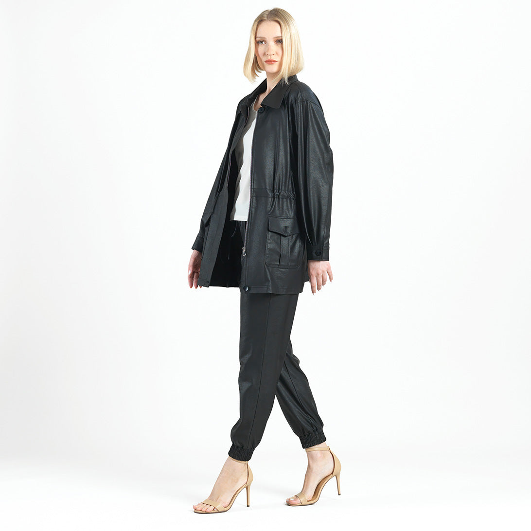 Liquid Leather™ Drawstring Waist Utility Jacket - Black - Final Sale | Clara Sunwoo