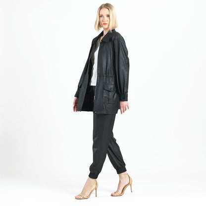Liquid Leather™ Drawstring Waist Utility Jacket - Black - Final Sale | Clara Sunwoo