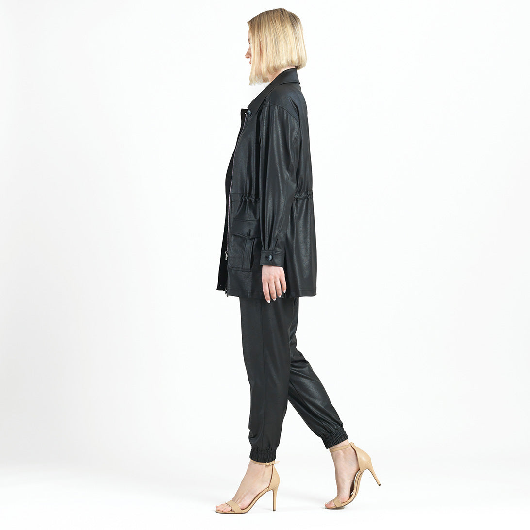 Liquid Leather™ Drawstring Waist Utility Jacket - Black - Final Sale | Clara Sunwoo